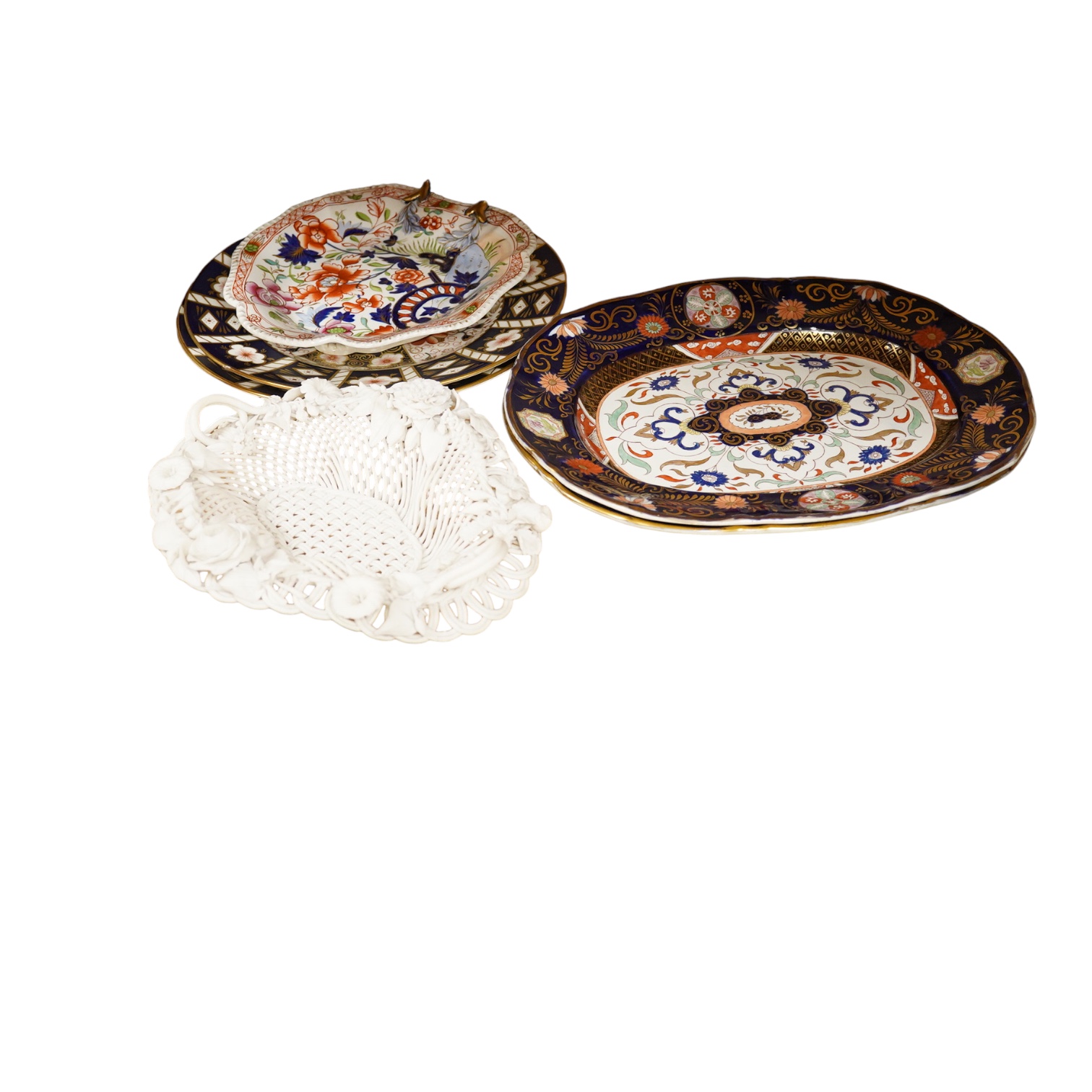 A Belleek porcelain basket, two Masons Ironstone dishes, a pair of Royal Crown Derby Japan pattern dishes and an ironstone leaf shaped dish (6).